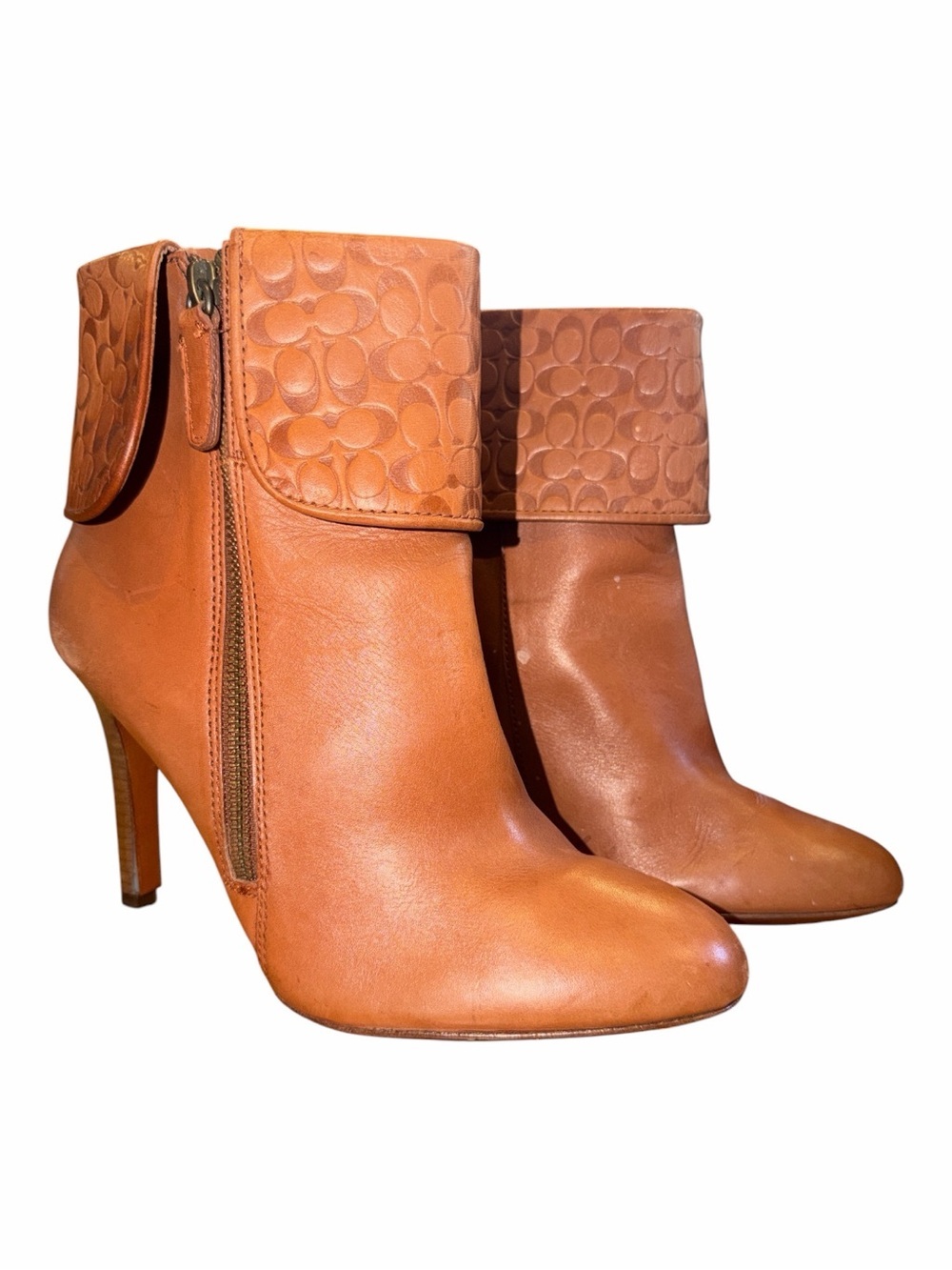 Coach Burnt Orange Leather Fold-Over Cuff Ankle Booties - Picture 3 of 7
